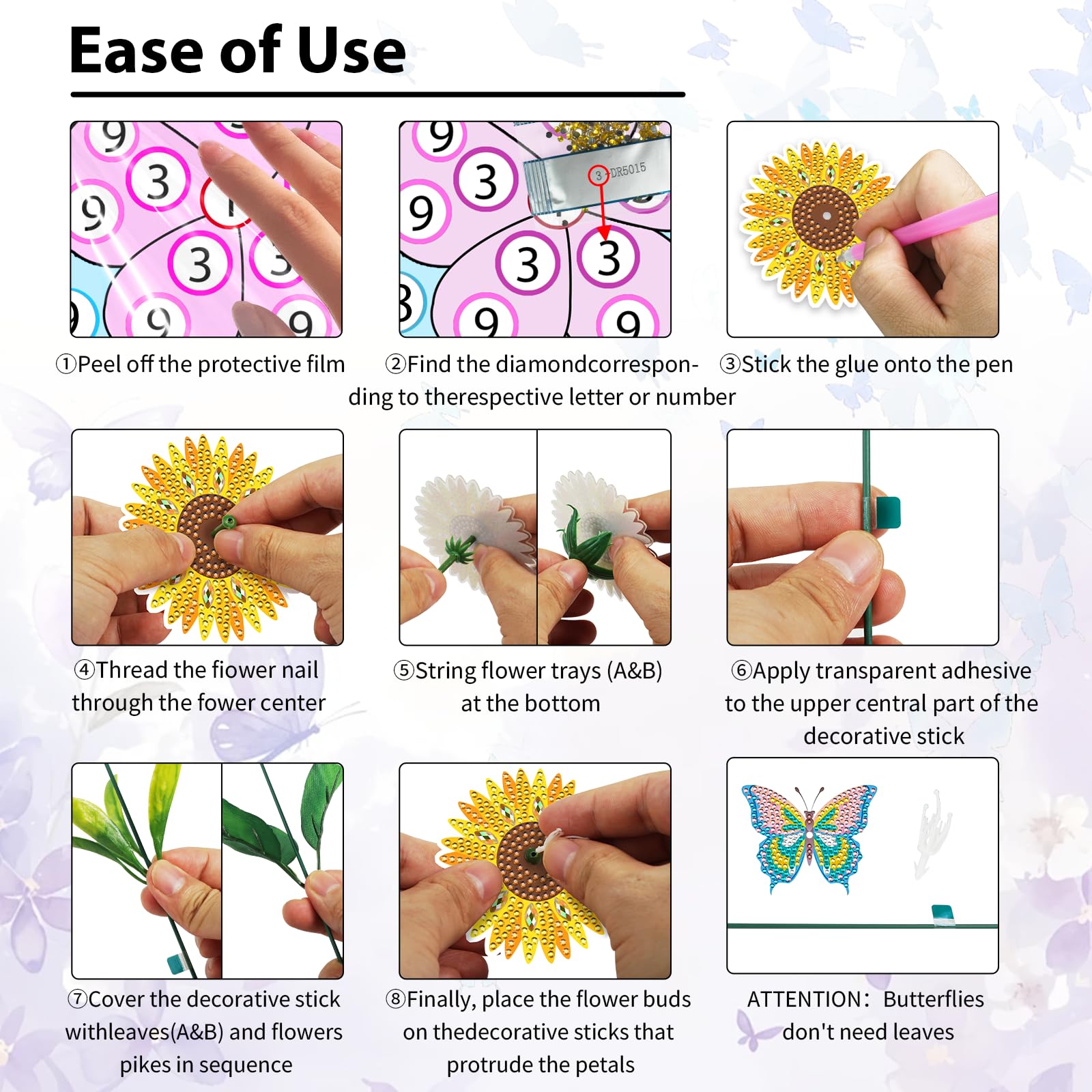 ZORETCO 10 Pcs Diamond Painting Kits for Adults, Home Office Decor with Flowers Butterfly Diamond Art Kits, 5D Gem Art Crafts for Beginners, Floral Birthday Gift