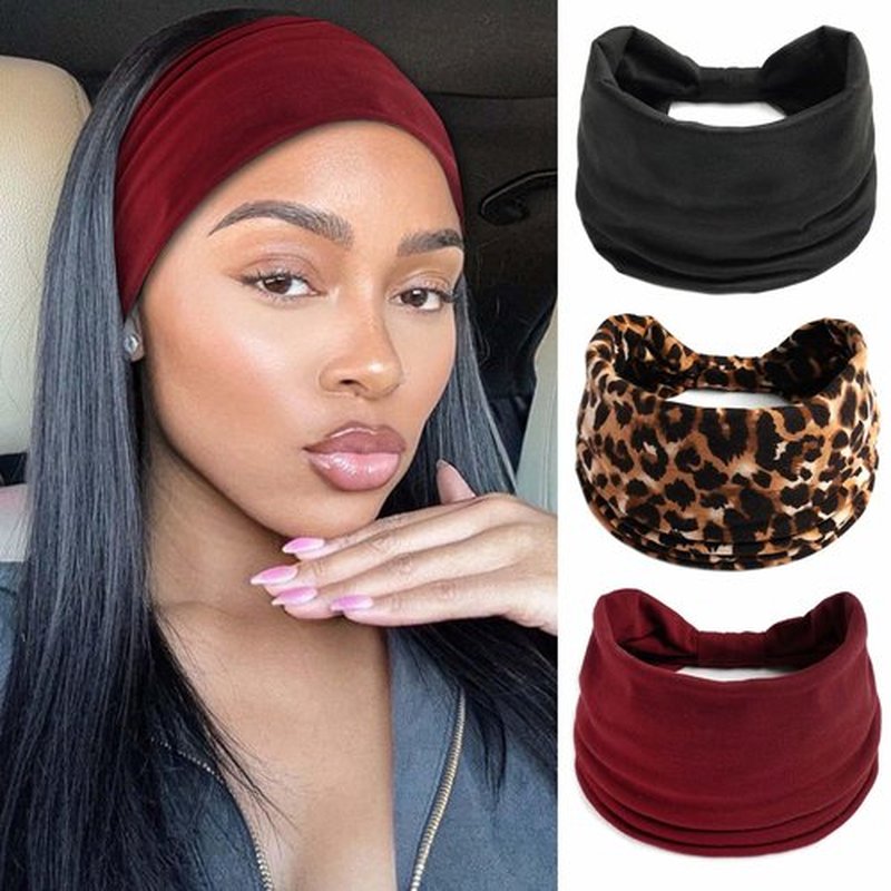 STGDAK Wide Headband Boho Head Bands For Women's Hair Band Burgundy Black Head Wraps Leopard Turban Knotted Headband Non Slip Sweatband Soft Hair Scarf Headbands 3 Pcs