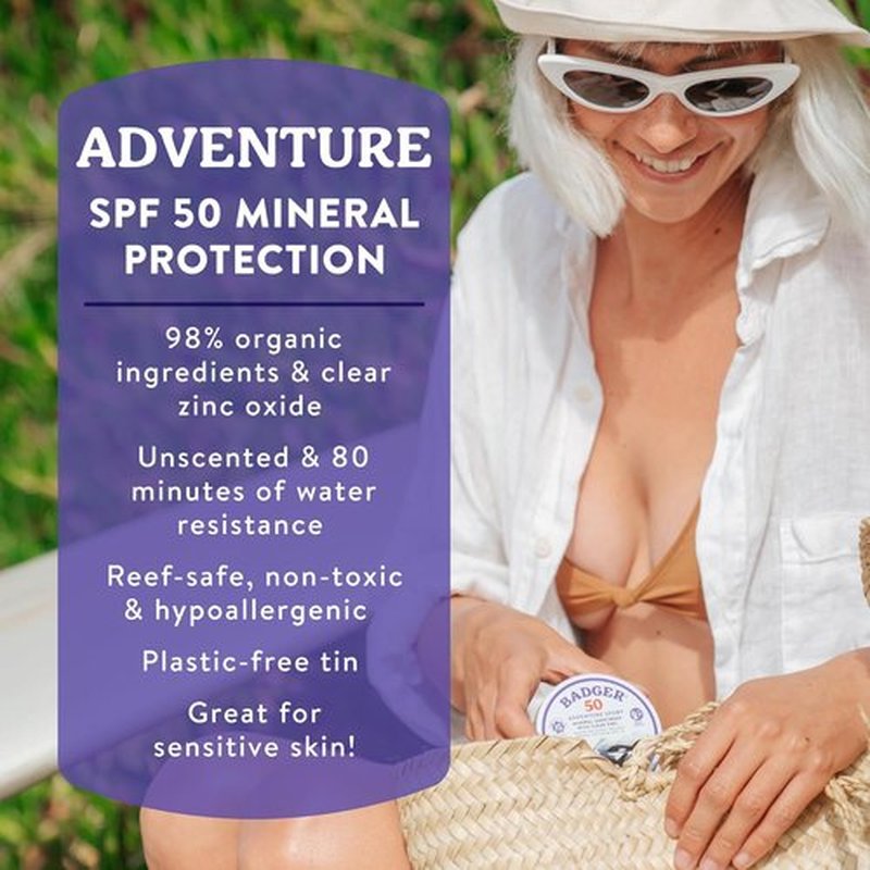 Badger Reef Safe Mineral Sunscreen - SPF 50, 98% Organic, Non-Toxic & Water Resistant, 2.4 oz Tin