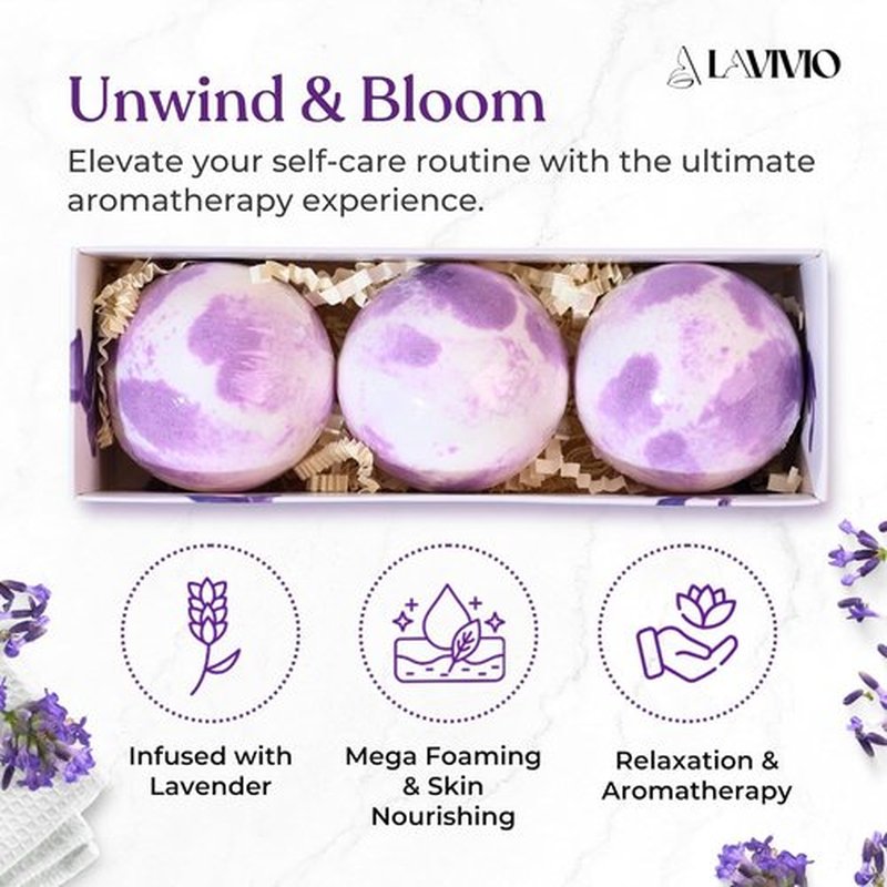 Lavender Bath Bombs by [Brand Name] - Mega Foaming & Moisturizing with Shea Butter | Stress Relief Gift Set - 3 x 100g