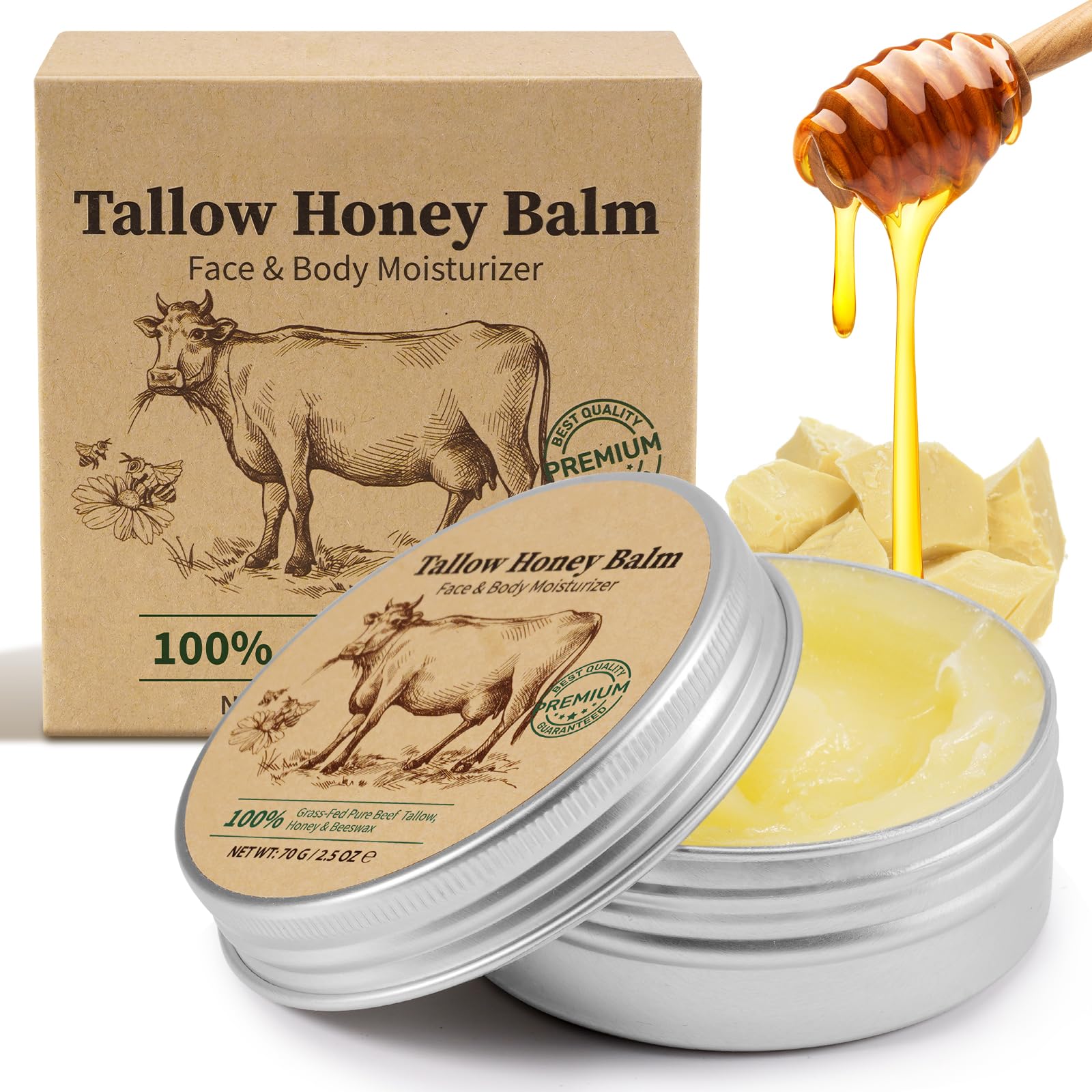 Beef Tallow and Honey Balm for Skin & Face, Grass-Fed Beef Tallow Balm Deeply Nourishing Face Moisturizer, Repairs Skin Barrier for Dry Care, Helps Smooth Appearance Fine Lines & Anti-Aging - 70g
