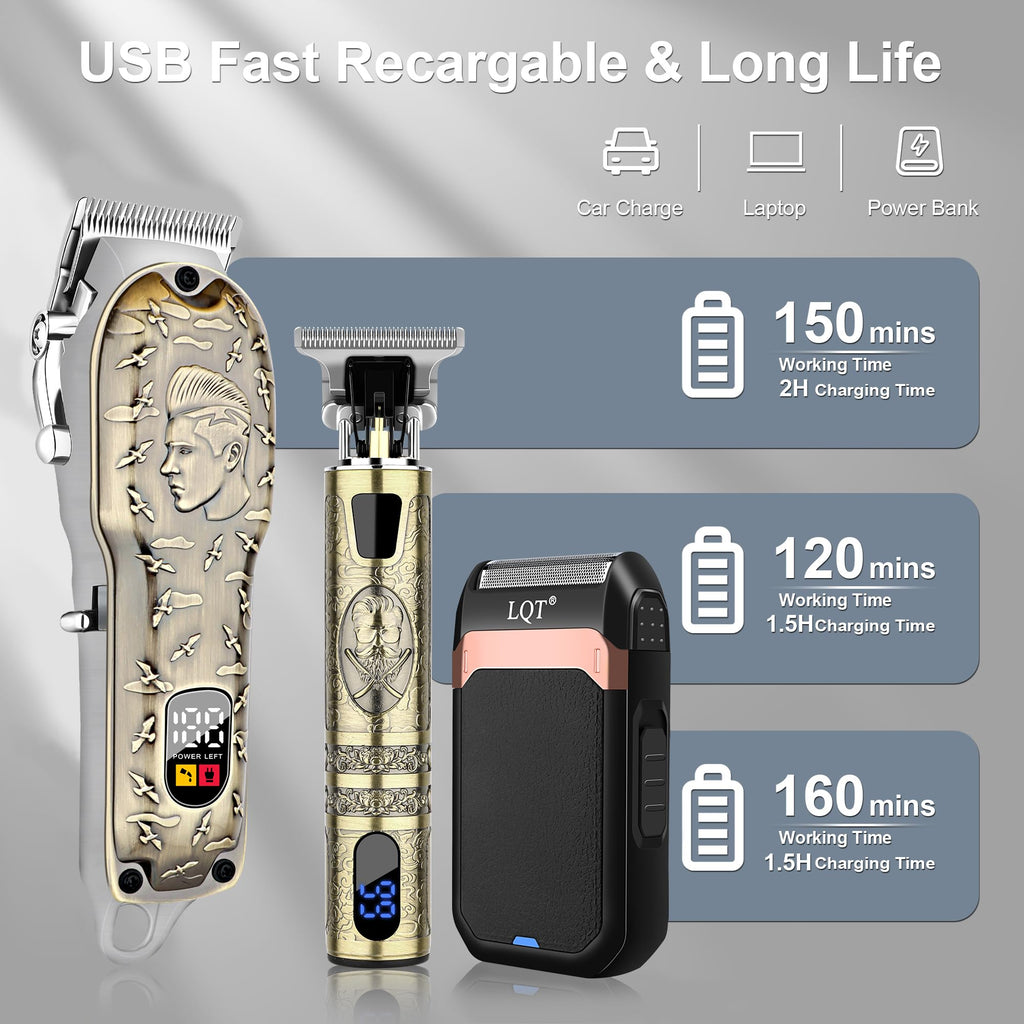 LQT Professional Barber Kit for Men, Cordless Hair Clipper, Trimmer & Shaver Set with LED Display, USB-C Rechargeable Battery,Low Noise,Grooming Gift for Husband, Father, Boyfriend (Bronze)