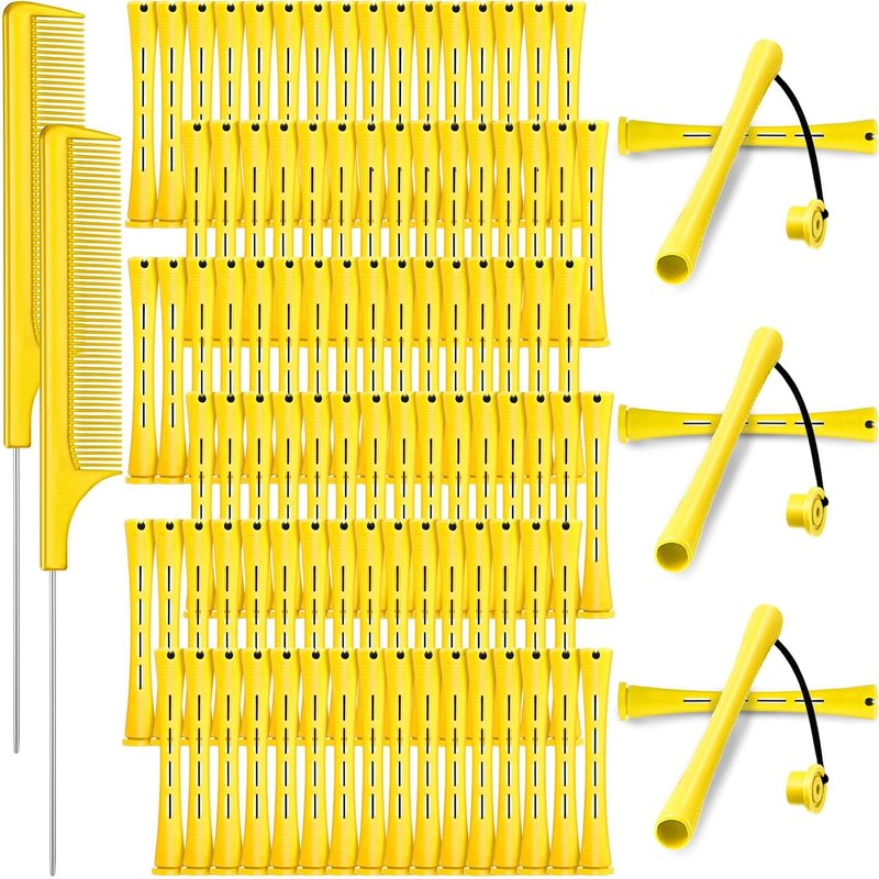 WILLBOND Hair Perm Rods - 96 Pcs Plastic Cold Wave Curlers with 2 Steel Pintail Combs | 0.28 Inch, Yellow