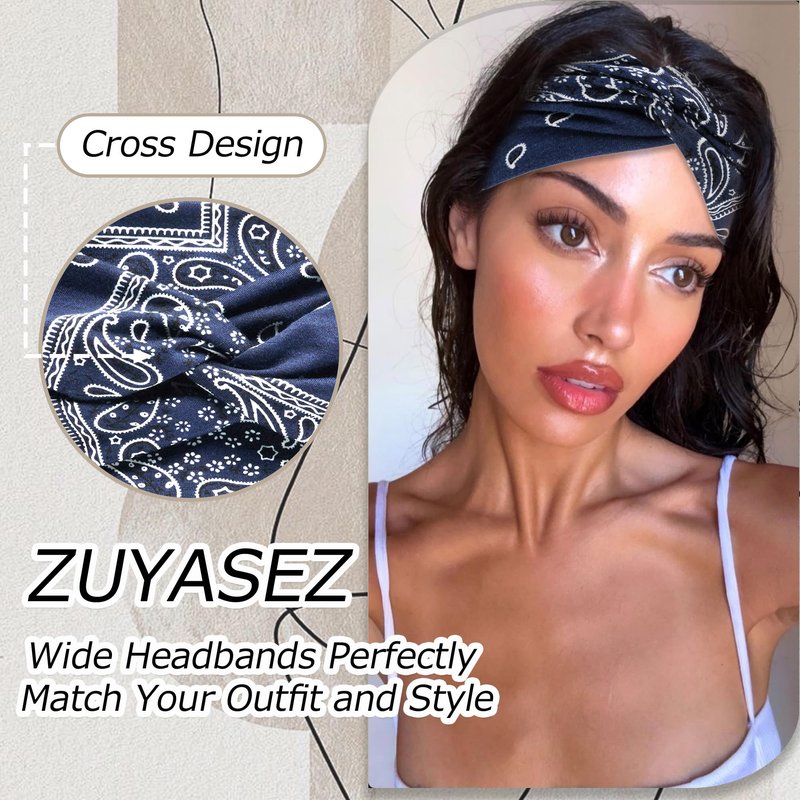 ZUYASEZ 4 Pack Wide Headbands for Women Paisley Twist Hair Bands Stretchy Cross Head Turban Bandana Valentine's Day Non Slip Exercise Hair Wraps Accessories