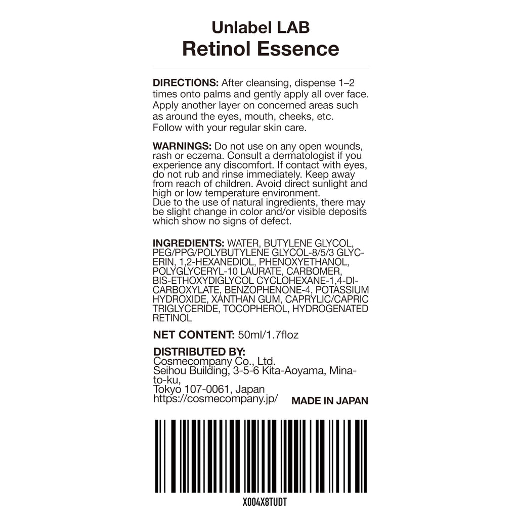 unlabel LAB Retinol Serum, Ultra-High-Pressured Retinol, Facial Essence for Wrinkles & Fine Lines, Fragrance Free, Made in Japan, J-beauty, 50mL