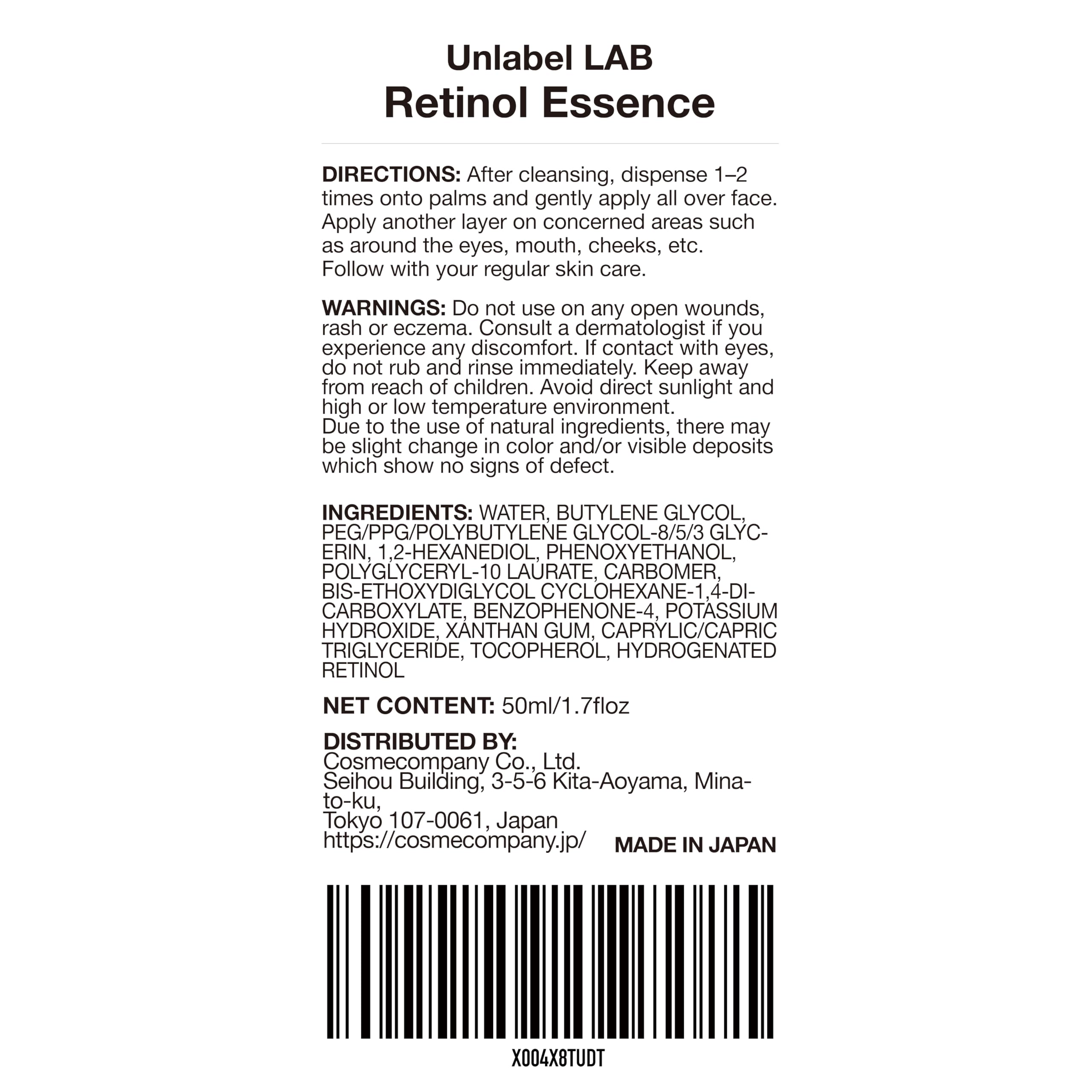 unlabel LAB Retinol Serum, Ultra-High-Pressured Retinol, Facial Essence for Wrinkles & Fine Lines, Fragrance Free, Made in Japan, J-beauty, 50mL