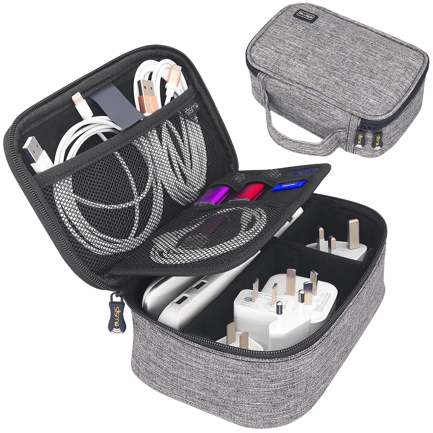 sisma Travel Electronics Organizer Small Carrying Case for Cables Phone Chargers USB Plugs Power Cords Earbuds Adapter Tech Accessories Pouch -Grey