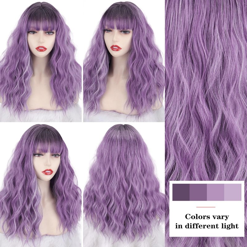 Xinran Purple Wavy Wig with Bangs for Women 18 Inch Medium Length Natural Synthetic Hair Heat Resistant Long Ombre Purple Wigs with Dark Roots for Party Cosplay Daily Halloween