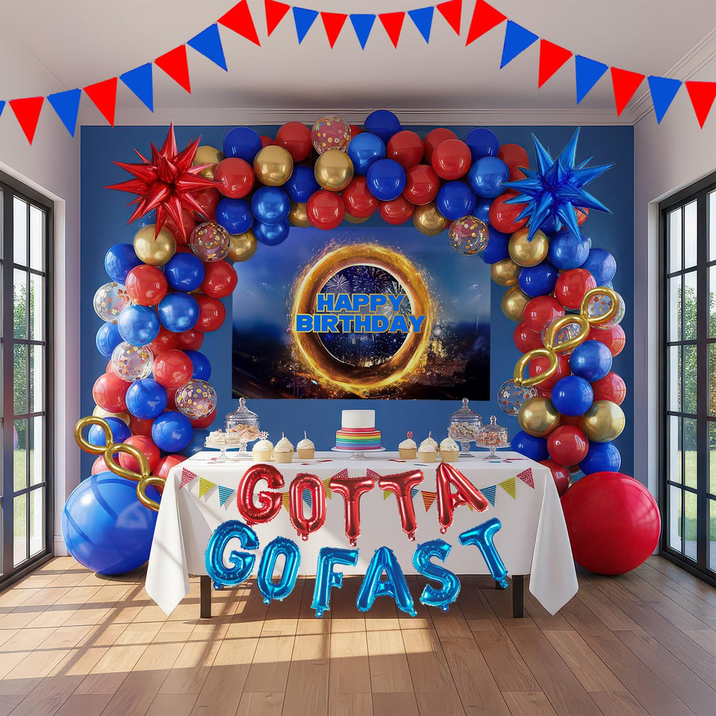 Red Blue Gold Hedgehog Birthday Party Decorations with Letter Lightning foil balloons Banner background backdrop for kid video game Cartoon Movies Super hero themed birthday gamer party decor