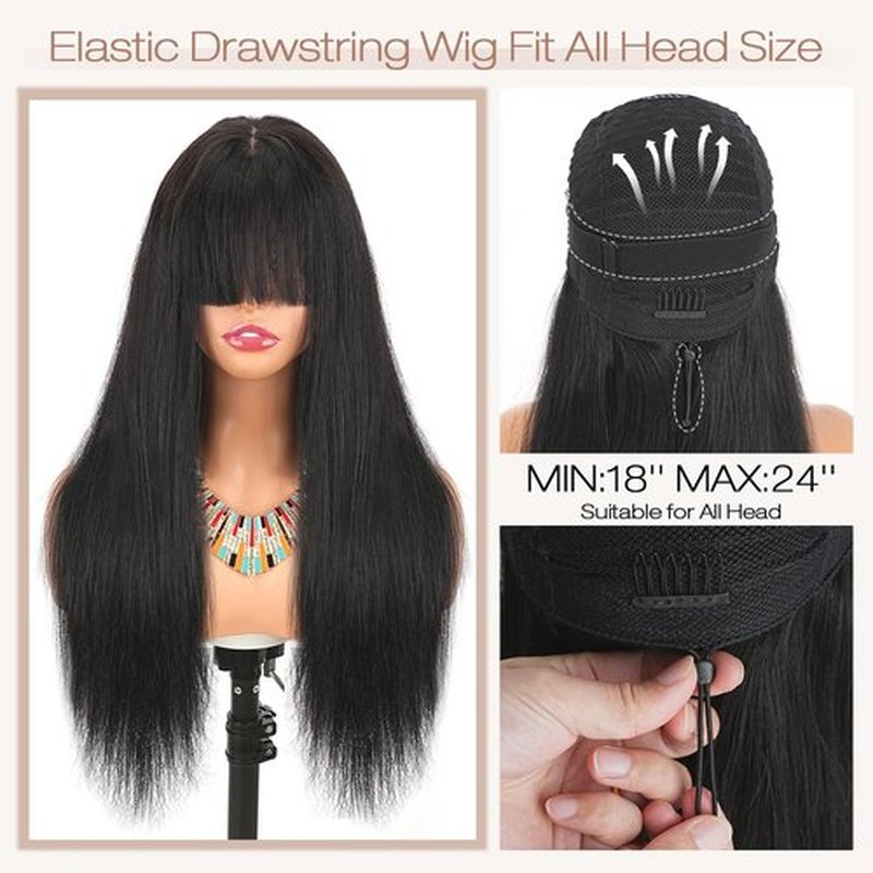 eddfine Straight Human Hair Wigs with Bangs 2x4 Lace Closure Wigs Human Hair 180% Density Drawstring Glueless Wigs Human Hair for Women Lace Front Wigs Human Hair Natural Black 18inch.