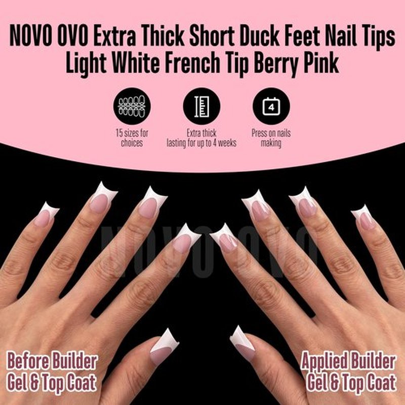 NOVO OVO Extra Thick Duck Nails Short with Moon Curve Light White French Tips BERRY PINK Full Cover for Press on Acrylic, Flare Wide French Soft Gel Fake False Nail Extension x 15 Sizes 240 pcs
