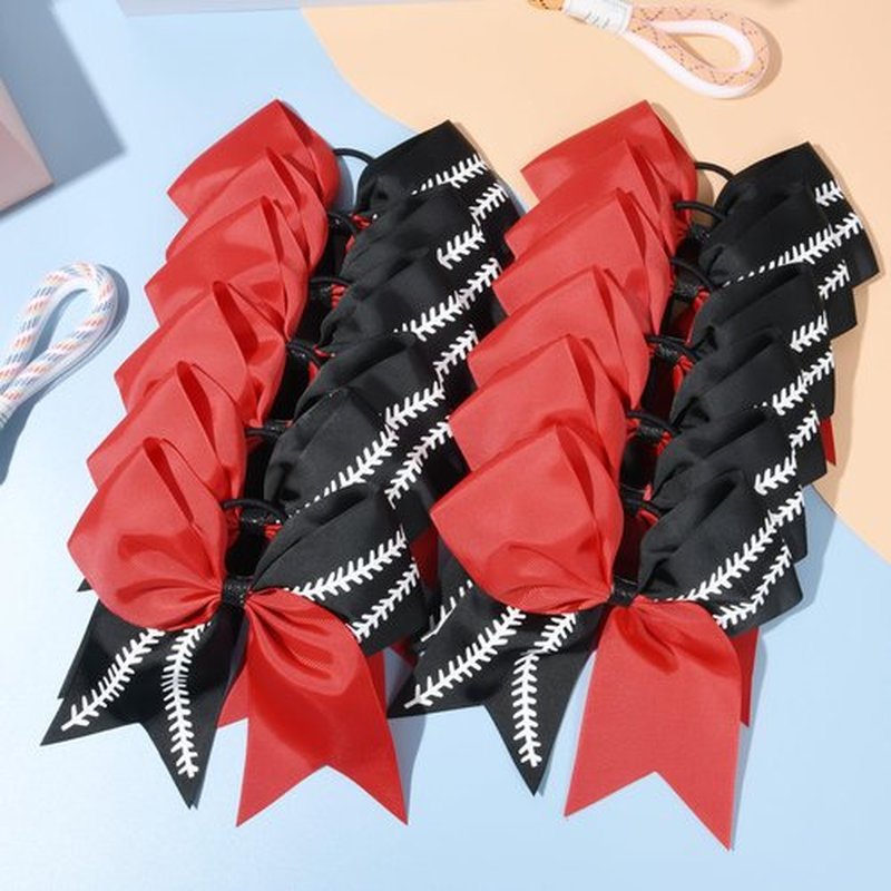 DEEKA 12 PCS Softball Cheer Bows with 2 Glitter Stitching Two Toned Cheerleader Team Bows Elastic Band for Softball Sports Girls (Red/Black+White Stitching)
