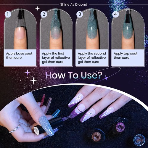 SUPWEE 12 Colors Reflective Glitter Gel Polish - Silver Pink Blue Sparkle Gel Nail Polish Shimmer Holographic Nail Gel Polish Manicure Soak Off Lamp Gel Home DIY Varnish