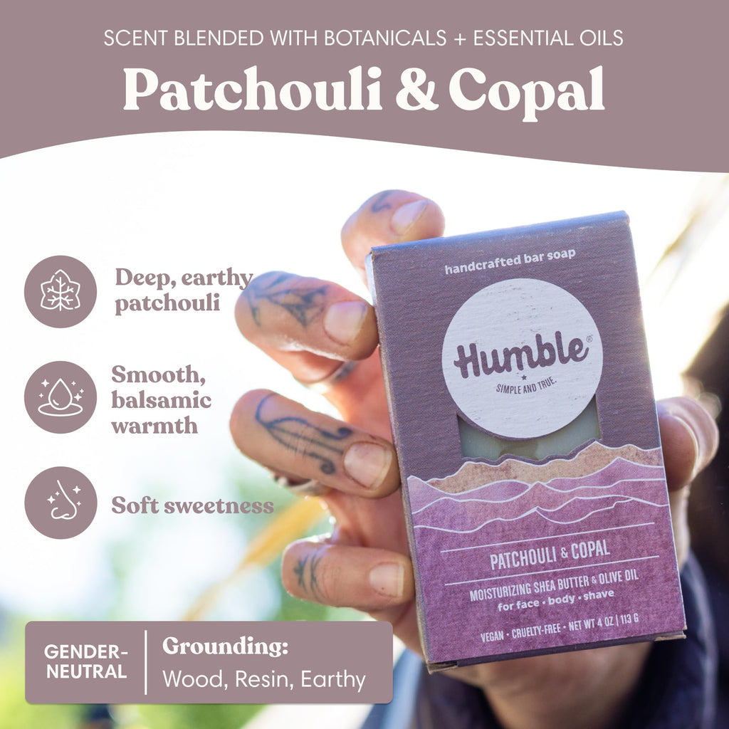 Humble Natural Bar Soap, Patchouli & Copal - Cold Processed Face & Body Soap Bar with Essential Oils - Moisturizing Formula for Long-Lasting Freshness, Gently Cleanses & Soothes Skin, Vegan - 3 Pack