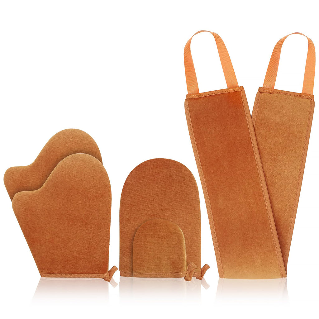 5-In-1 Self Tanner Mitt Kit, 2 Thumb Tanning Gloves, 1 Straight Body Mitt, 1 Mini Face Mitt and Back Tanning Applicator, Soft Velvet Tanning Tools for Full Body