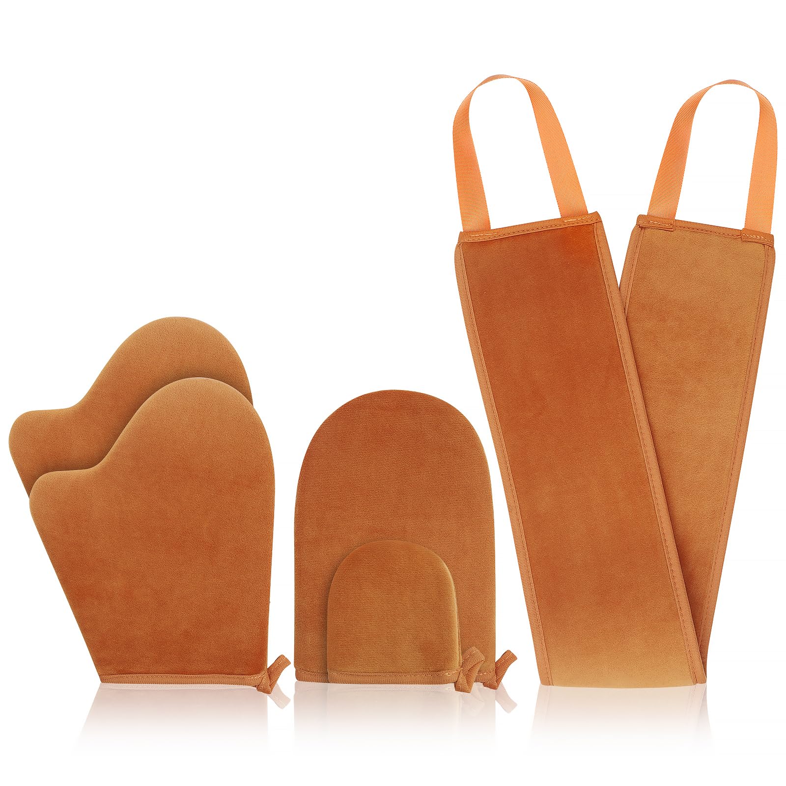 5-In-1 Self Tanner Mitt Kit, 2 Thumb Tanning Gloves, 1 Straight Body Mitt, 1 Mini Face Mitt and Back Tanning Applicator, Soft Velvet Tanning Tools for Full Body