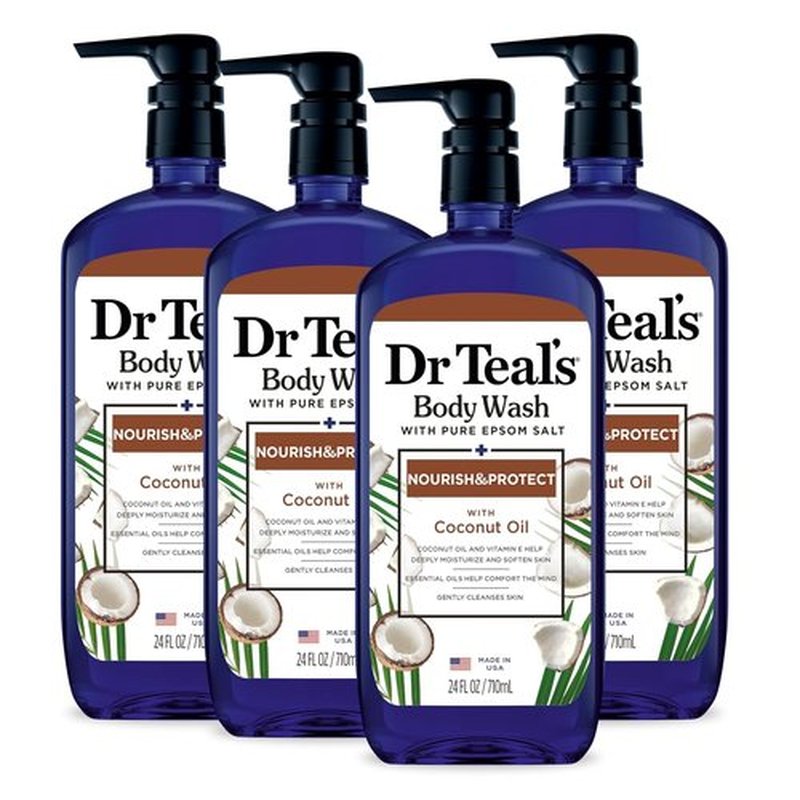 Dr Teal's Body Wash - Pure Epsom Salt & Coconut Oil for Relaxation | 24 Fl Oz (Pack of 4)