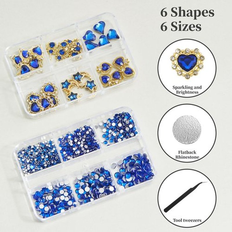 QIUTIMIY 30 PCs 3D Luxury Nail Art Charms + 650 PCs Rhinestones and Tweezers Kit Crystals Diamonds Jewelry Stones(Dark Blue)