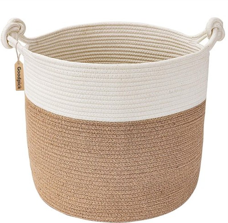 Goodpick Cotton Rope Storage Basket - 15 x 14.2 Inches | Stylish Jute Woven Organizer for Blankets & Toys - White