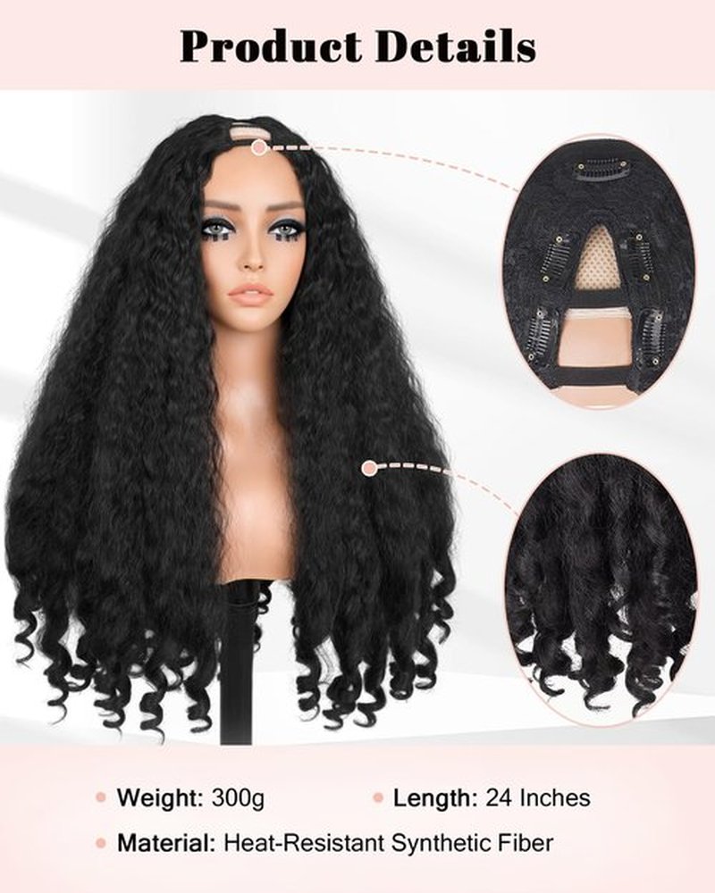 Cemuto Afro Curly Wig V Part Kinky Straight with Bouncy Curly Ends Fluffy Bouncy Hair Wigs Natural Black 24 Inch for Black Women