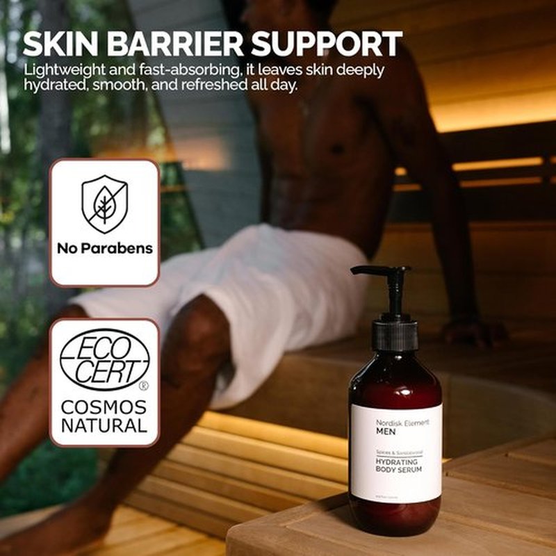 Nordisk Element Body Serum for Men - Lightweight Hydrating Serum with Hyaluronic Acid & Antioxidants | 9.13 Fl Oz, Vegan Sandalwood Scent