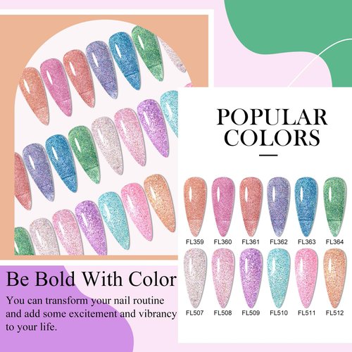 Four Lily Reflective Glitter Gel Polish 12 Colors Sparkle Gel Nail Polish Set Diamond Shine Pink Purple Red Holographic Glitter Gel Soak off Uv LED Manicure Gifts for Women