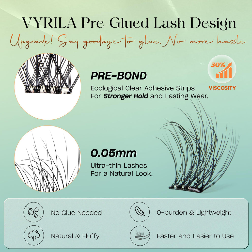 VYRILA Self-Adhesive Lash Cluster, 120pcs Pre-Glued Clusters, Pop-On Faux Eyelashes, 3D Band D Curl Natural Look Lahses, Easy to Apply, Reusable 0.05mm Eyelash Extensions (Green Hush-D-0.05-10-16mix)