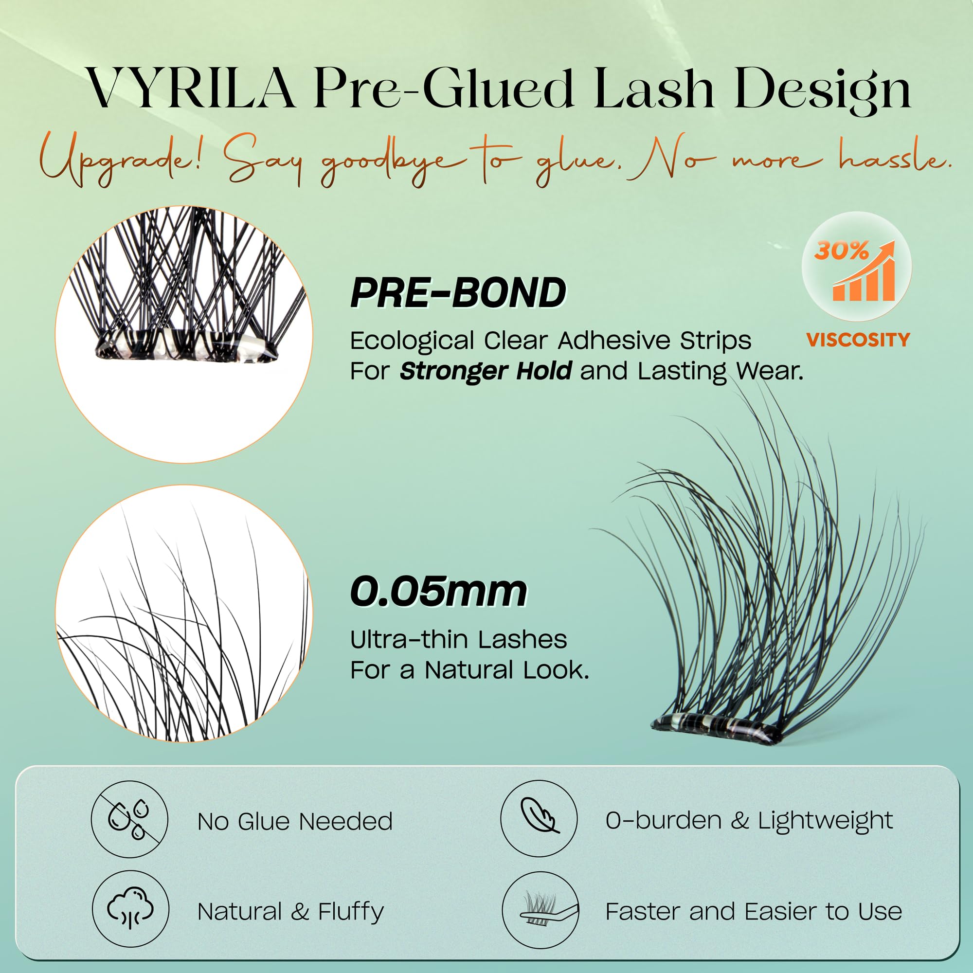VYRILA Self-Adhesive Lash Cluster, 120pcs Pre-Glued Clusters, Pop-On Faux Eyelashes, 3D Band D Curl Natural Look Lahses, Easy to Apply, Reusable 0.05mm Eyelash Extensions (Green Hush-D-0.05-10-16mix)