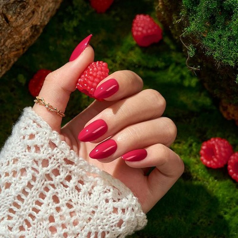 BTArtbox Press On Nails - Raspberry Red Almond Shape | 32 Soft Gel Nails Kit in 16 Sizes
