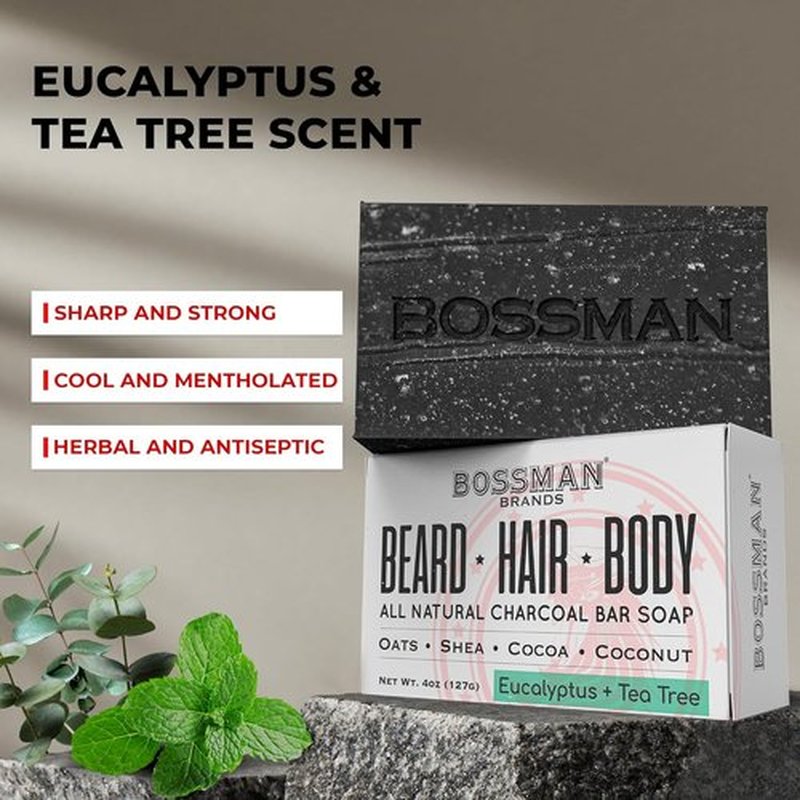 Bossman 4-in-1 Charcoal Soap Bar - All-Natural Men's Beard Wash, Shampoo, Body Wash & Shaving Solution | 4 oz Eucalyptus & Tea Tree Scent