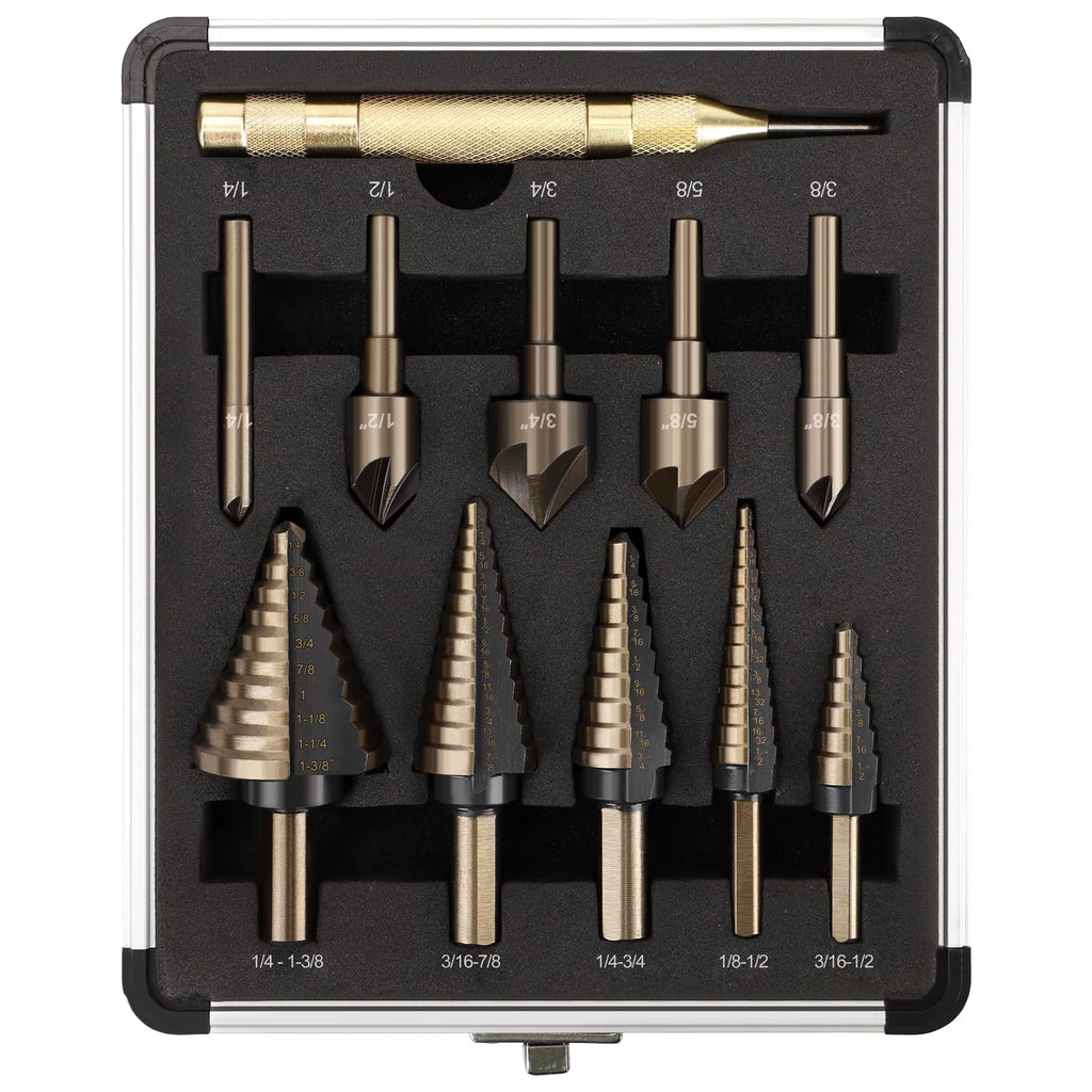 5 Pcs Step Drill Bit & 5 Pcs Countersink Drill Bit Set, Titanium High Speed Steel Step Drill Bit, 50 Sizes of Step Bits for Metal, HSS Step Bit with Aluminum Case for DIY, Multiple Hole Stepped Up Bit