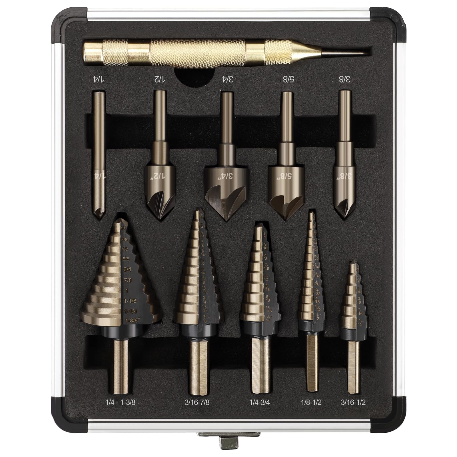 5 Pcs Step Drill Bit & 5 Pcs Countersink Drill Bit Set, Titanium High Speed Steel Step Drill Bit, 50 Sizes of Step Bits for Metal, HSS Step Bit with Aluminum Case for DIY, Multiple Hole Stepped Up Bit