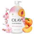 Olay Body Wash for Women, Fresh Radiance, 24/7 Skin-Loving Freshness, Visibly Radiant, Plant Based Cleansers, Vitamin B3 & Antioxidant Blend, For All Skin Types, Peach & Cherry Blossom Scent, 35 fl oz