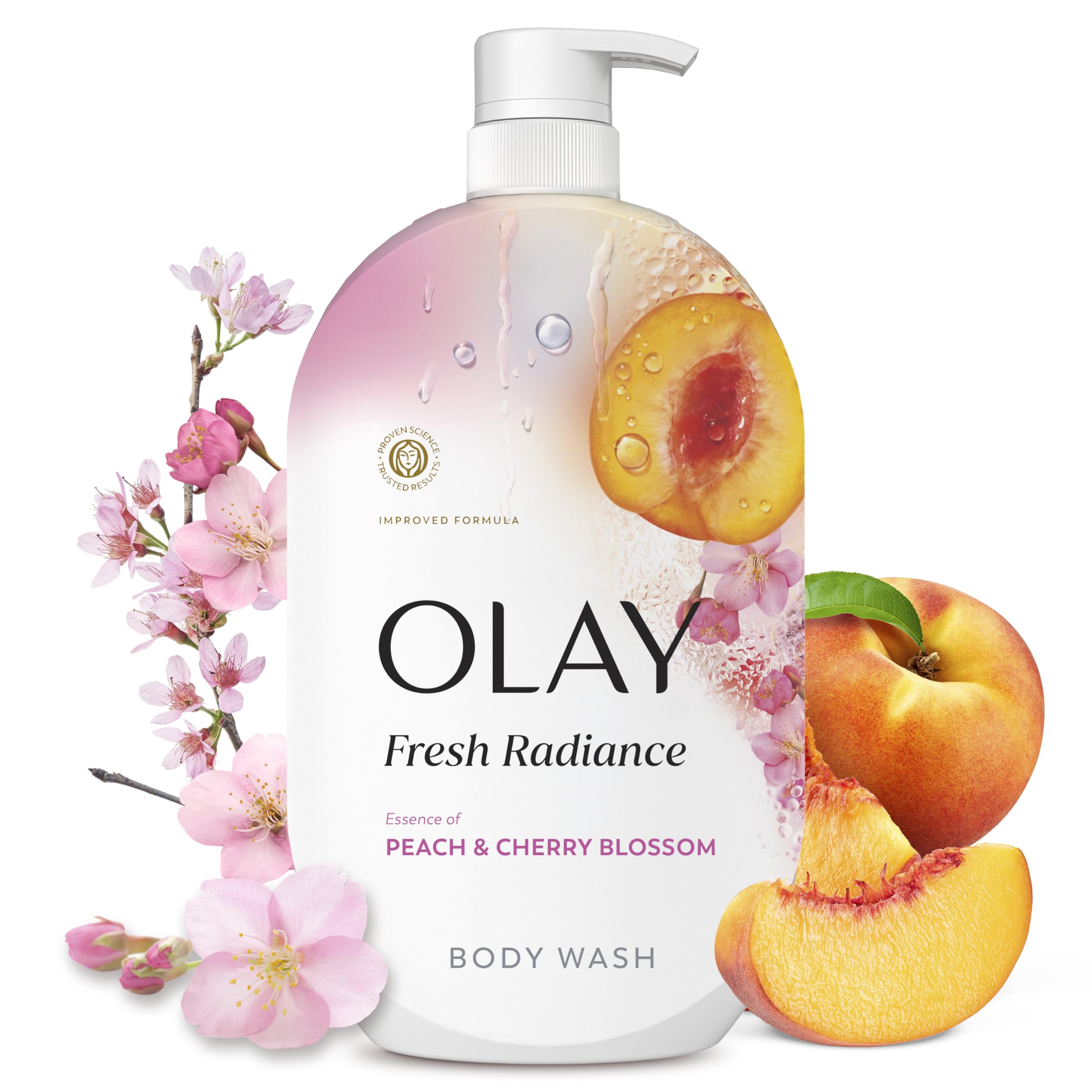 Olay Body Wash for Women, Fresh Radiance, 24/7 Skin-Loving Freshness, Visibly Radiant, Plant Based Cleansers, Vitamin B3 & Antioxidant Blend, For All Skin Types, Peach & Cherry Blossom Scent, 35 fl oz