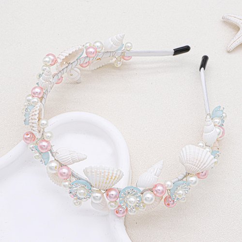 Oriamour Mermaid Crown Seashell Pearl Headband, Beach Wedding Hair Accessory with Pink and White Pearls, Bridal Headbands For Women Girls Summer Headwear Mermaid Headpiece