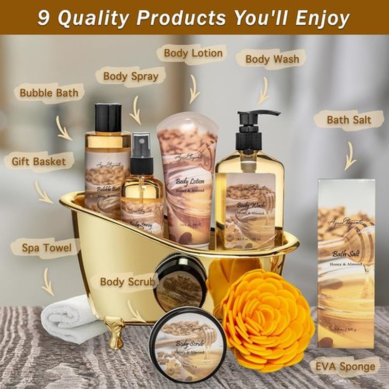 Regine Switzerland Spa Gift Basket - Luxury Honey & Almond Bath Set | Includes Body Wash, Lotion, Scrub & More