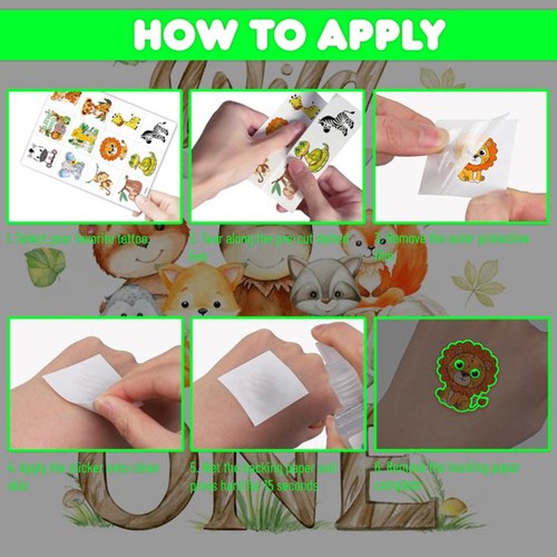 96 PCS Wild One Jungle Animal Glow In The Dark Pre-Cut Temporary Tattoos Sticker 1st First Birthday Decorations Party Supplies Favors Gifts Boys Girls Cute Fake Tattoo School Reward Themed (Luminous)