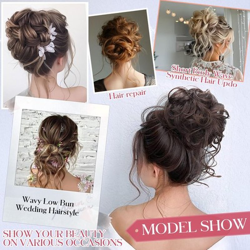 FeidyLong 2PCS Messy Bun Hair Piece Tousled Updo with Tendrils Wavy Curly Hair Bun Scrunchies Ponytail Extension Elastic Band Hairpieces For Women (Medium Brown)