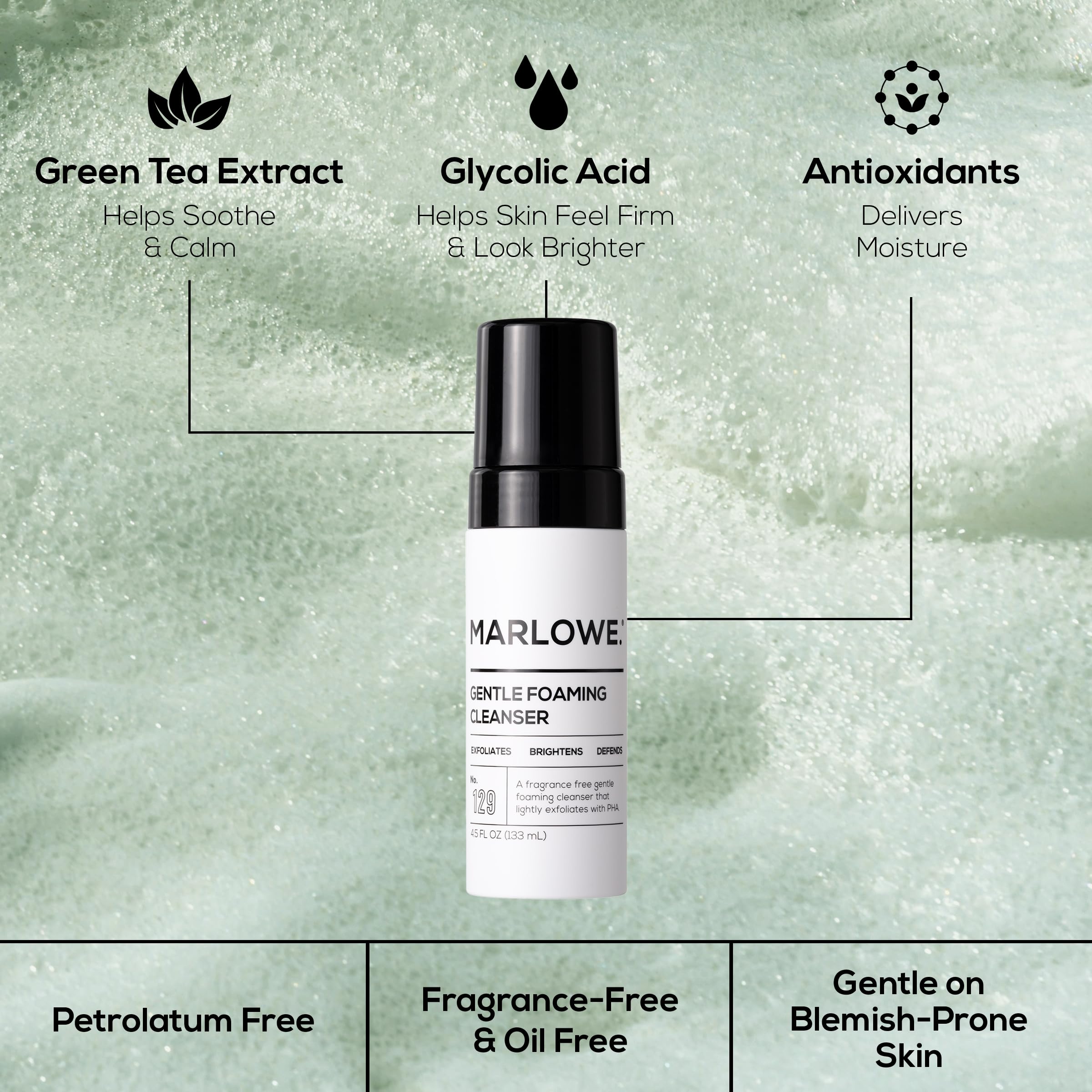 MARLOWE. Gentle Foaming Facial Cleanser, 4.5 oz, Exfoliating & Brightening Mens Face Wash, Removes Dirt, Oil & Impurities, Clean, Vegan Formula, PHA, Green Tea Extracts & Antioxidants, Fragrance Free