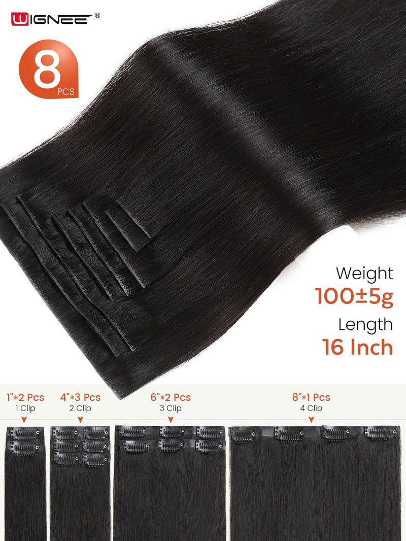 WIGNEE Invisi Edge Black Clip In Hair Extensions Real Human Hair 18inch 130g 8Pcs Machine-Inserted PU Base Human Hair Extension Clip Ins Glueless Remy Hair Extensions for Women