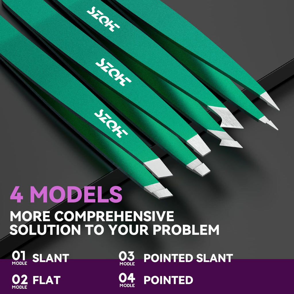 4-Piece Precision Tweezers Set - Stainless Steel Slant, Pointed, Flat & Angled Tips forEyebrow Shaping, Facial & Ingrown Hair Removal - Eco-Friendly Gift Packaging - Women& Men