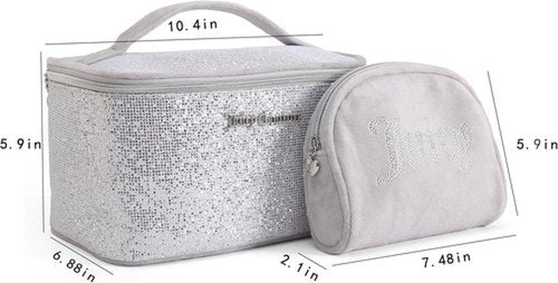 Juicy Couture Silver Sparkle Makeup Bag Set - Glittery Cosmetics Organizer & Travel Case