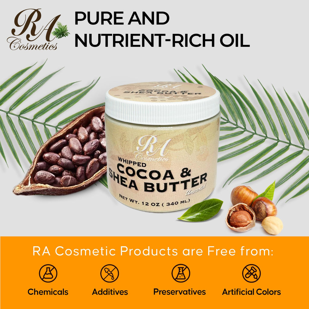 RA COSMETICS Whipped Cocoa & Shea Butter, Unscented - 12oz | 100% Pure & Natural Skin Moisturizer with Coconut Oil | Vitamin-Rich Body Butter for Soft, Supple, and Radiant Skin & Healthy Hairs