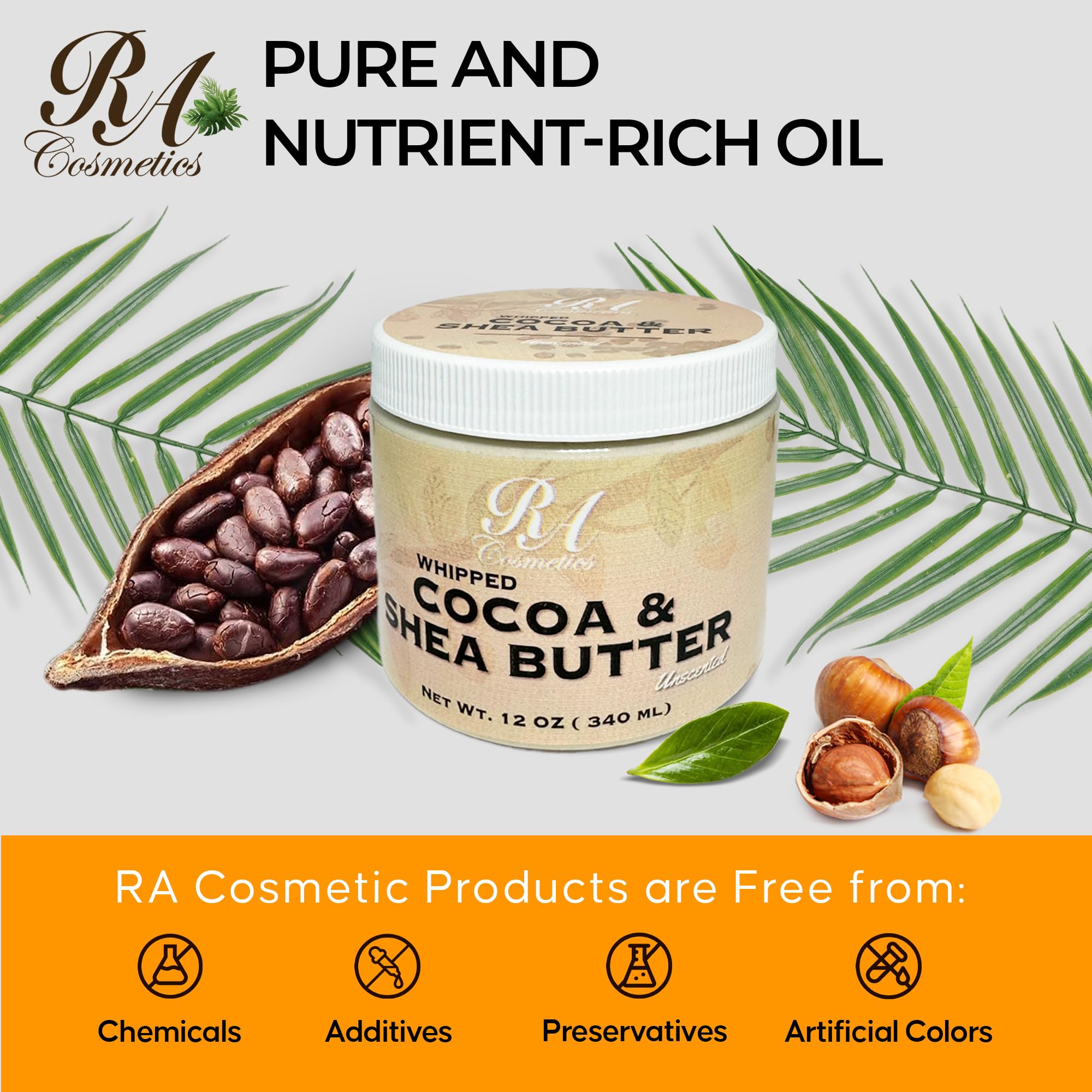 RA COSMETICS Whipped Cocoa & Shea Butter, Unscented - 12oz | 100% Pure & Natural Skin Moisturizer with Coconut Oil | Vitamin-Rich Body Butter for Soft, Supple, and Radiant Skin & Healthy Hairs