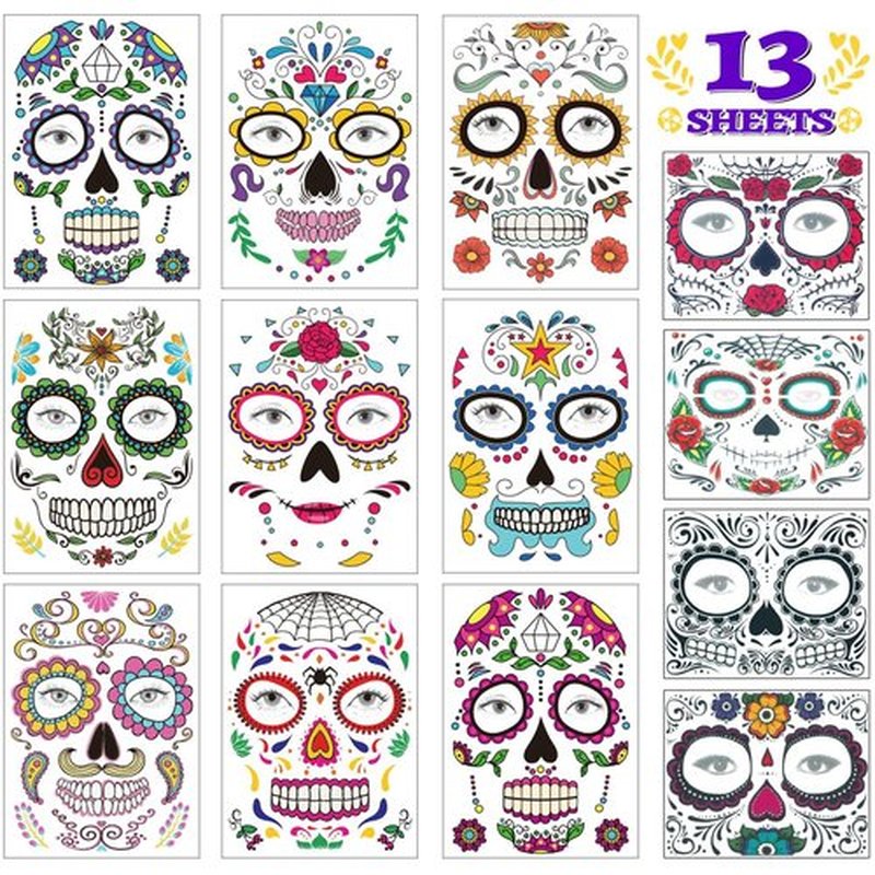 COKOHAPPY Halloween Temporary Face Tattoos Makeup Kit (13 Pack), Day of the Dead Sugar Skull Floral Black Skeleton Web Red Roses Full Face Mask Stickers Tattoo Families Party Supplies