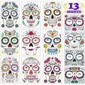 COKOHAPPY Halloween Temporary Face Tattoos Makeup Kit (13 Pack), Day of the Dead Sugar Skull Floral Black Skeleton Web Red Roses Full Face Mask Stickers Tattoo Families Party Supplies