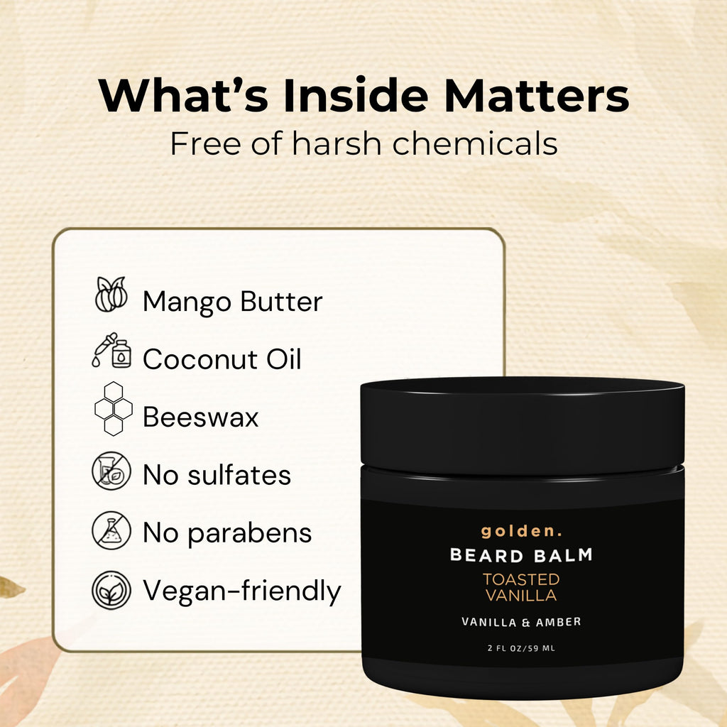 Golden Grooming Beard Balm - Tames Flyaways & Promotes Thicker Growth - Natural Styling Wax with Shea & Mango Butter - Relieves Beard Itch & Dandruff - Toasted Vanilla, 2oz