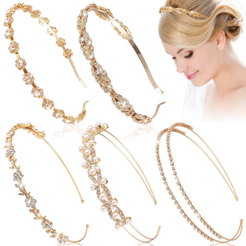 XunYee 5 Pcs Gold Rhinestones Headbands for Women Flower Leaf Tiara Crown Headband Metal Prom Headpiece Bridal Wedding Hair Accessories for Bride Girl Party(Gold)