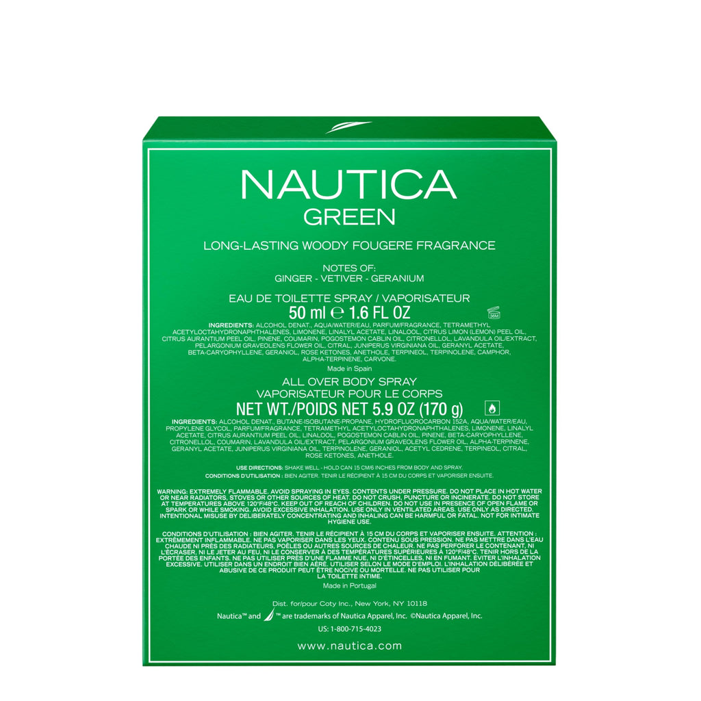 Nautica Color Green Giftset 1.6 fl oz EDT + 5.9 oz Deodorizing Body, Woody Fougere, Notes of Ginger, Geranium and Vetiver, Men's Duo Pack, Long Lasting, Everyday Fragrance