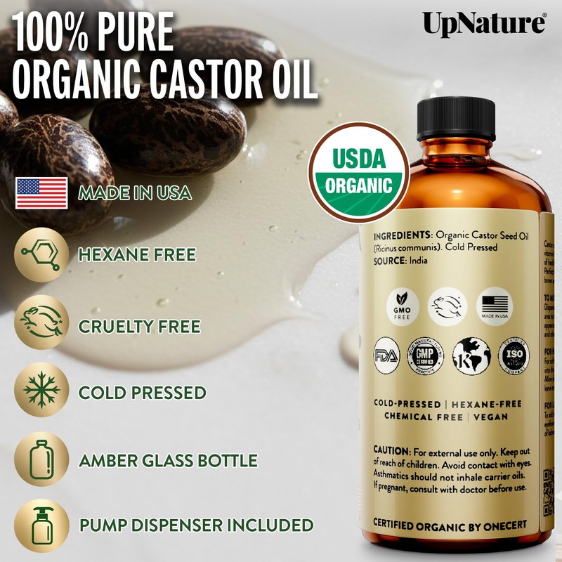UpNature Castor Oil Organic - 100% Pure USDA Certified Organic Castor Oil for Face Hair Skin - 16oz Amber Glass Bottle, Hexane Free